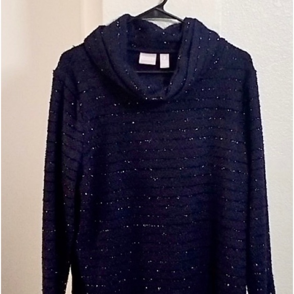 🔹 Chico’s Chic Silver Metallic Navy Blue Cowl Neck Tunic. Size 2, Large, 12/14